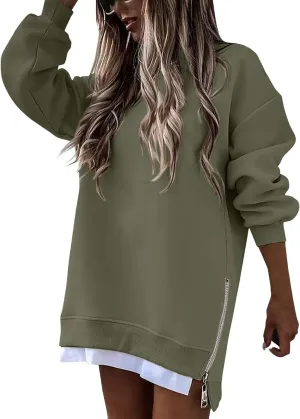 Sweatshirt for Women Oversized Side Slits Zipper Crewneck Sweatshirts Loose Comfy Off the Shoulder Tops Y2k Clothes