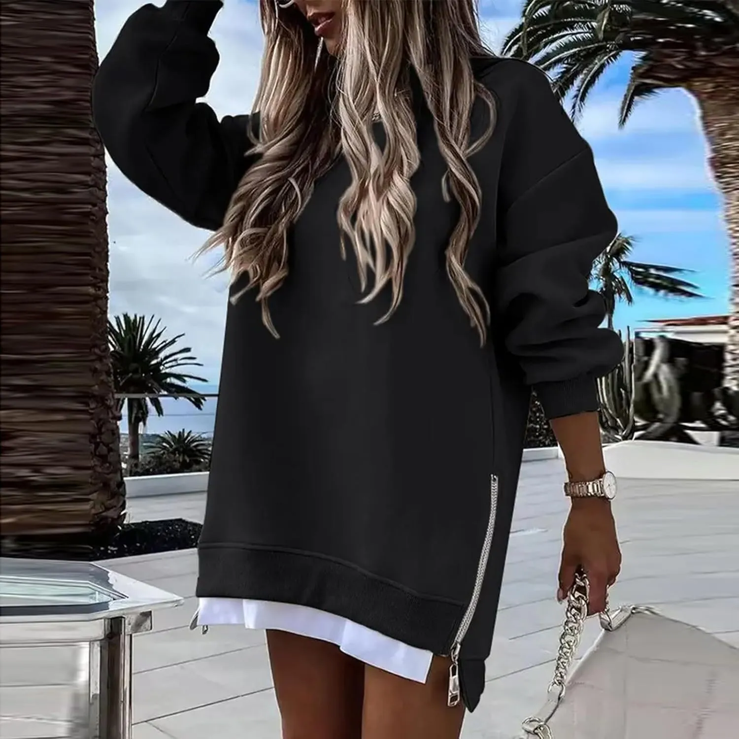Sweatshirt for Women Oversized Side Slits Zipper Crewneck Sweatshirts Loose Comfy Off the Shoulder Tops Y2k Clothes