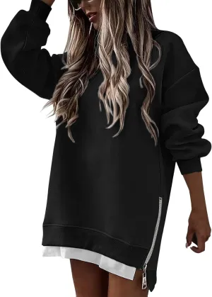 Sweatshirt for Women Oversized Side Slits Zipper Crewneck Sweatshirts Loose Comfy Off the Shoulder Tops Y2k Clothes
