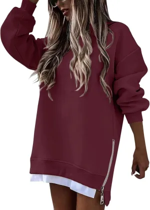Sweatshirt for Women Oversized Side Slits Zipper Crewneck Sweatshirts Loose Comfy Off the Shoulder Tops Y2k Clothes