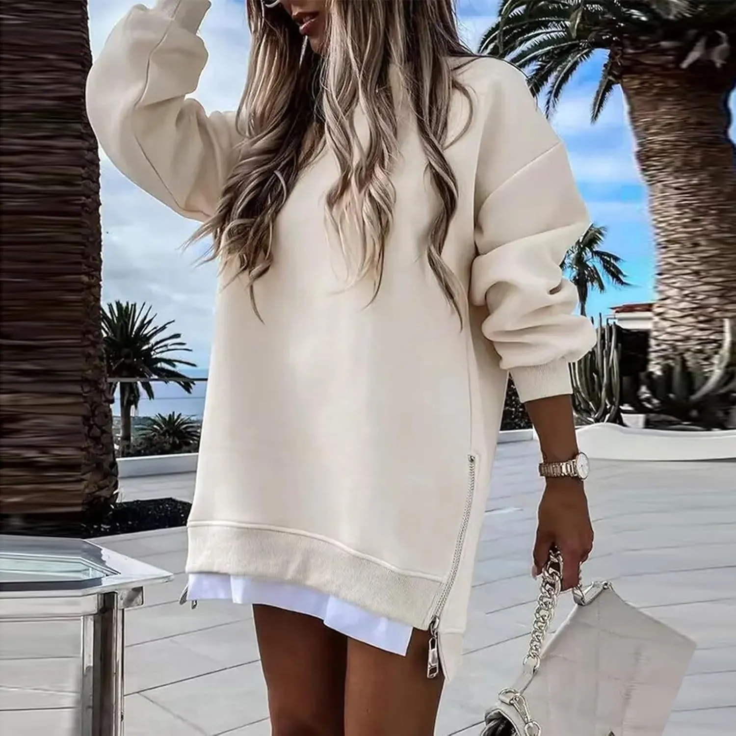 Sweatshirt for Women Oversized Side Slits Zipper Crewneck Sweatshirts Loose Comfy Off the Shoulder Tops Y2k Clothes