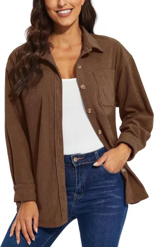 TACVASEN Women's Corduroy Button Down Shacket Long Sleeve Shirt Jacket Casual Jacket Chest Pocket Shirts Loose Fit Coat