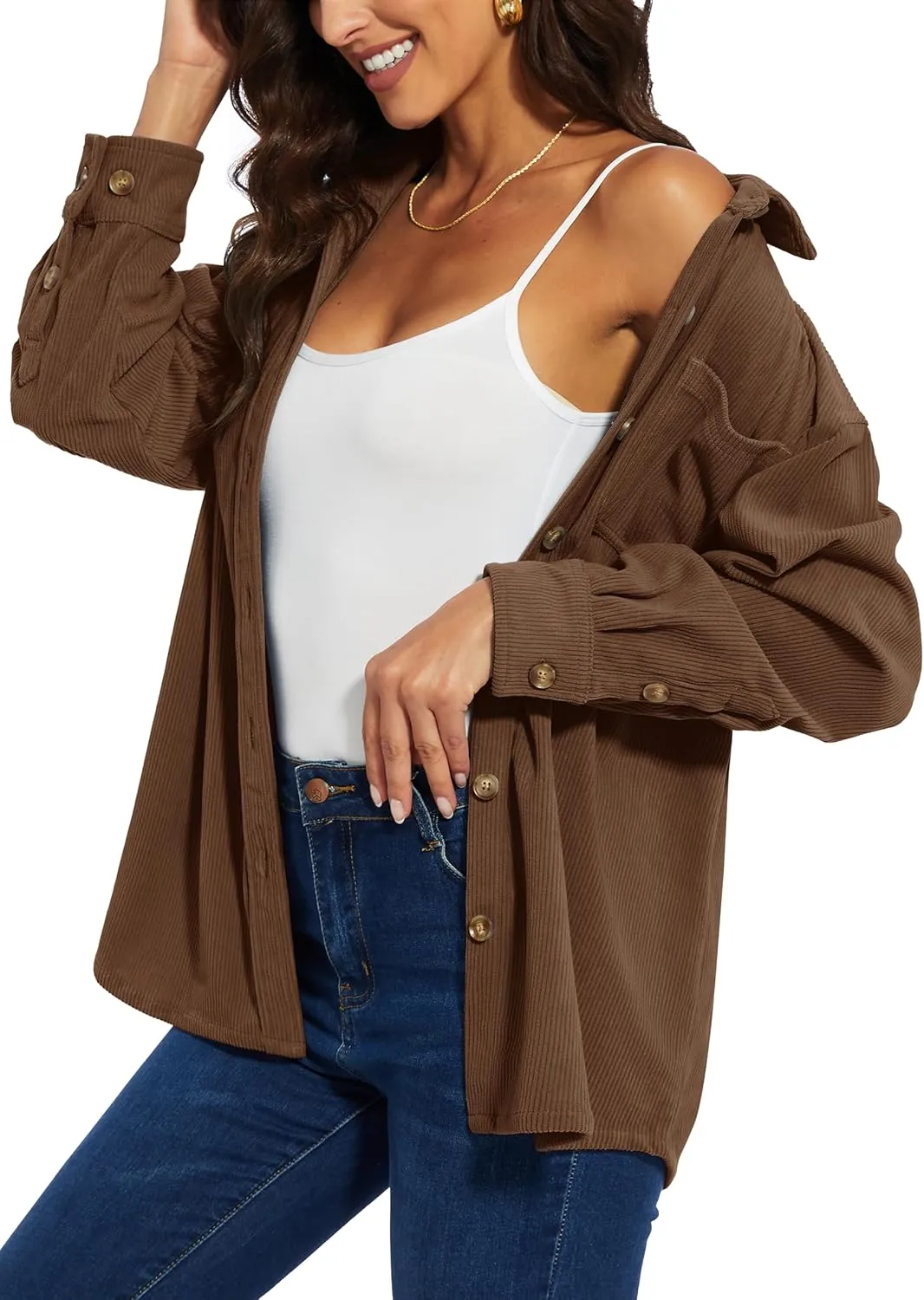 TACVASEN Women's Corduroy Button Down Shacket Long Sleeve Shirt Jacket Casual Jacket Chest Pocket Shirts Loose Fit Coat