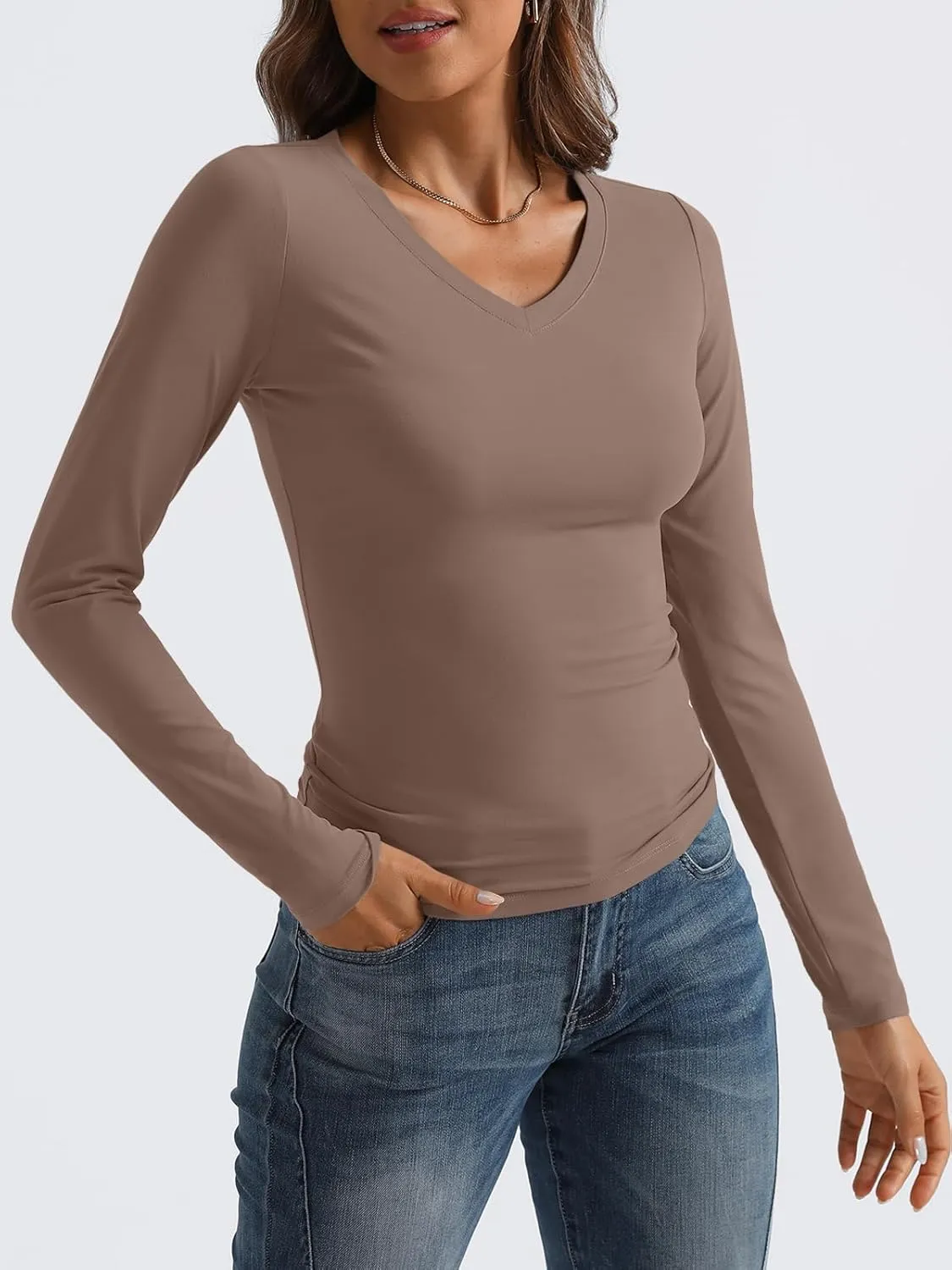 Trendy Queen Long Sleeve Shirts for Women 2025 Fall Fashion V Neck Basics Crop Tops Slim Fitted Y2K Tops Outfits Clothes