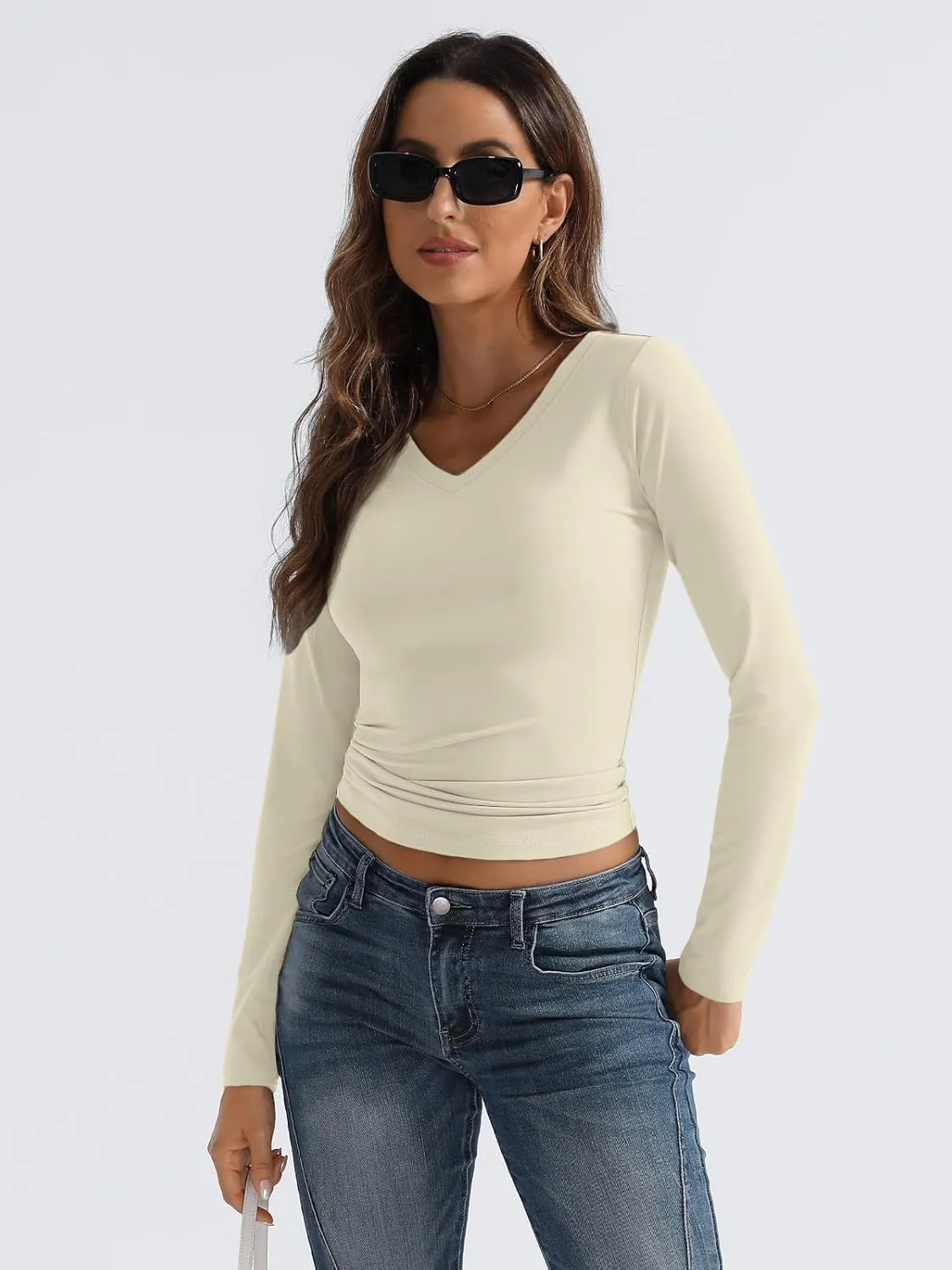 Trendy Queen Long Sleeve Shirts for Women 2025 Fall Fashion V Neck Basics Crop Tops Slim Fitted Y2K Tops Outfits Clothes