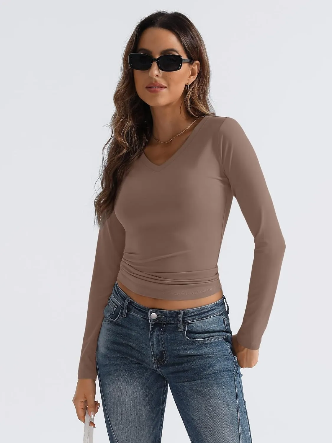 Trendy Queen Long Sleeve Shirts for Women 2025 Fall Fashion V Neck Basics Crop Tops Slim Fitted Y2K Tops Outfits Clothes