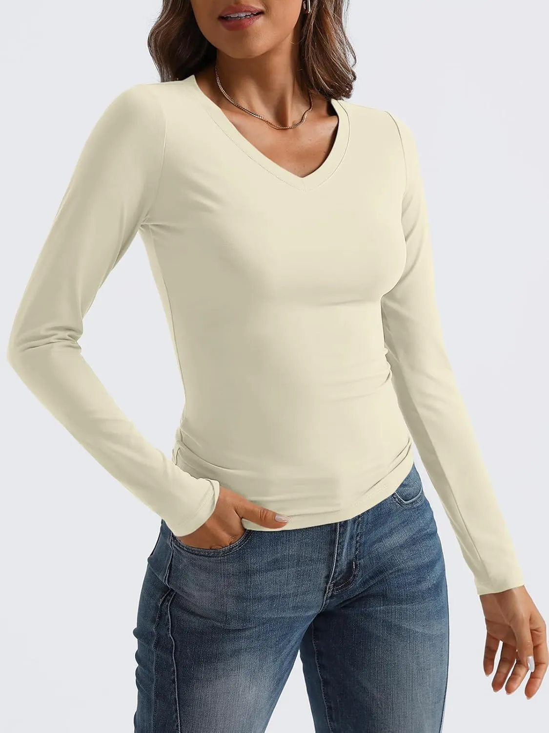 Trendy Queen Long Sleeve Shirts for Women 2025 Fall Fashion V Neck Basics Crop Tops Slim Fitted Y2K Tops Outfits Clothes