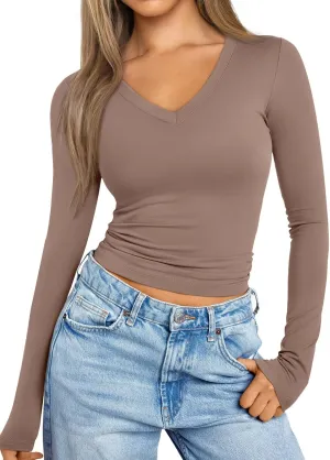 Trendy Queen Long Sleeve Shirts for Women 2025 Fall Fashion V Neck Basics Crop Tops Slim Fitted Y2K Tops Outfits Clothes