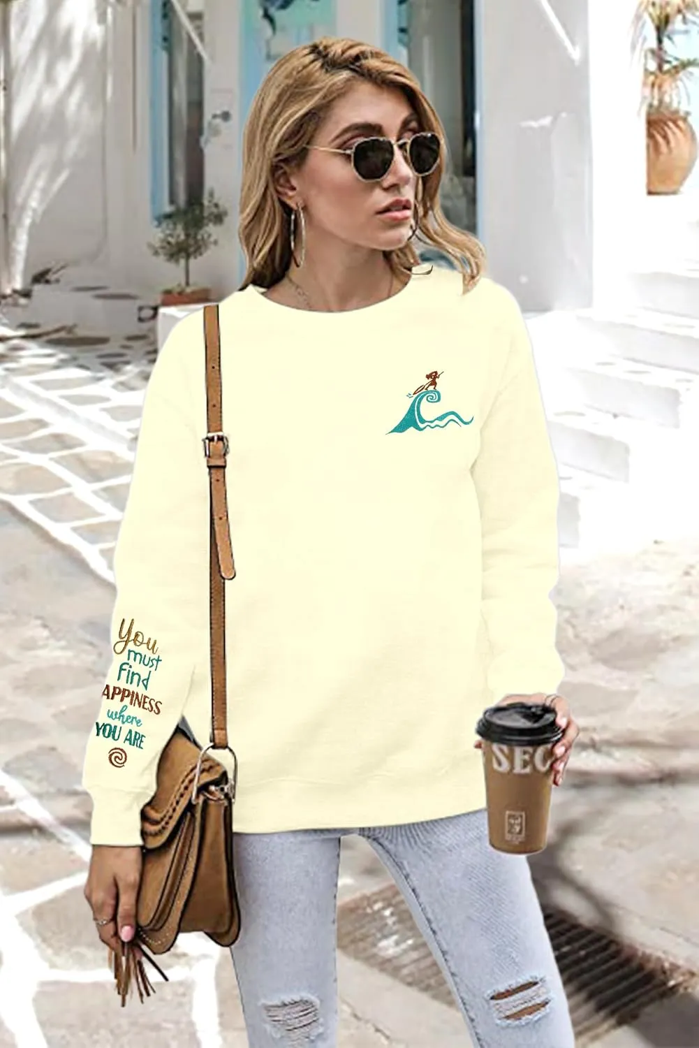 VILOVE Magic Kingdom Sweatshirt For Women You Must Find Happiness Pullover Sun And Waves Embroidered Long Sleeve Tops
