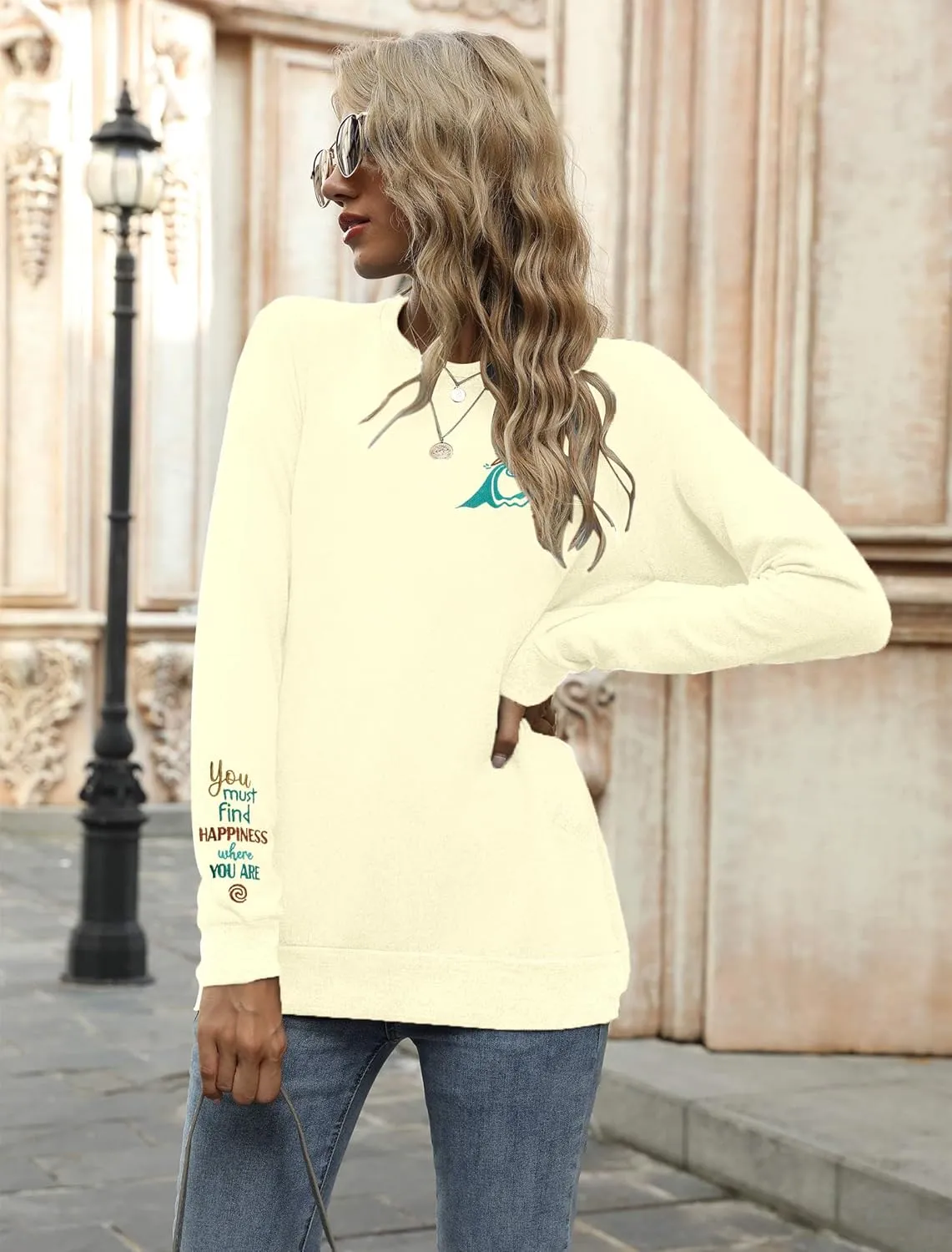VILOVE Magic Kingdom Sweatshirt For Women You Must Find Happiness Pullover Sun And Waves Embroidered Long Sleeve Tops