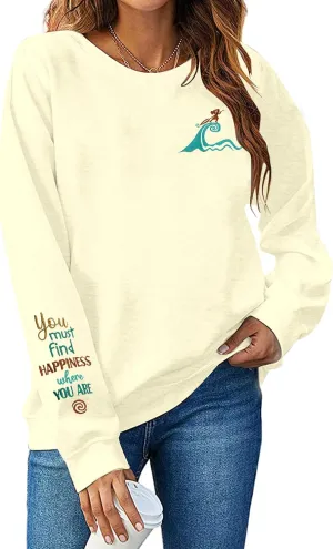 VILOVE Magic Kingdom Sweatshirt For Women You Must Find Happiness Pullover Sun And Waves Embroidered Long Sleeve Tops