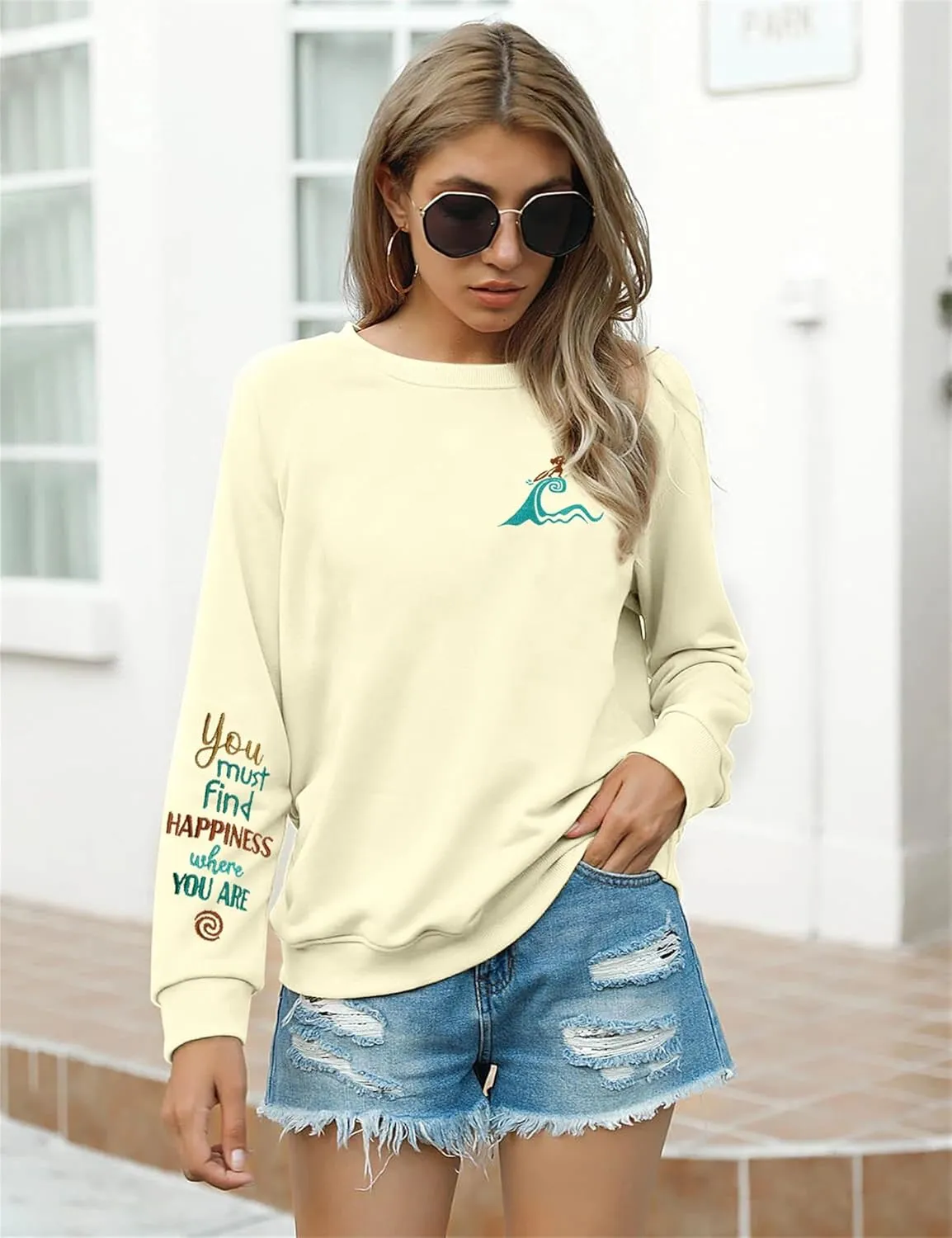 VILOVE Magic Kingdom Sweatshirt For Women You Must Find Happiness Pullover Sun And Waves Embroidered Long Sleeve Tops
