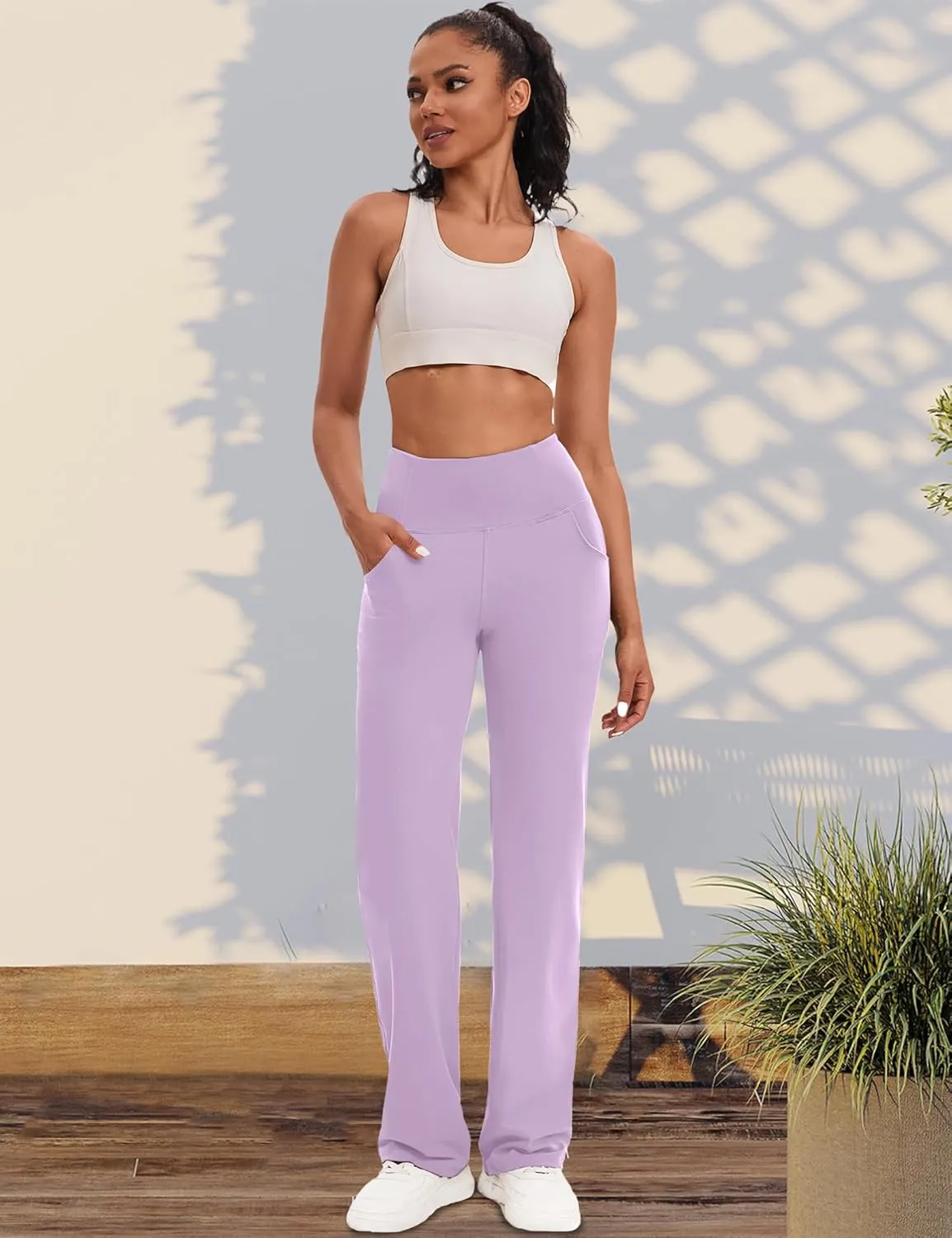 VOOVEEYA Yoga Pants Women with Pockets, Straight Wide Leg Pants High Waisted Work Dress Pants Petite/Regular/Tall