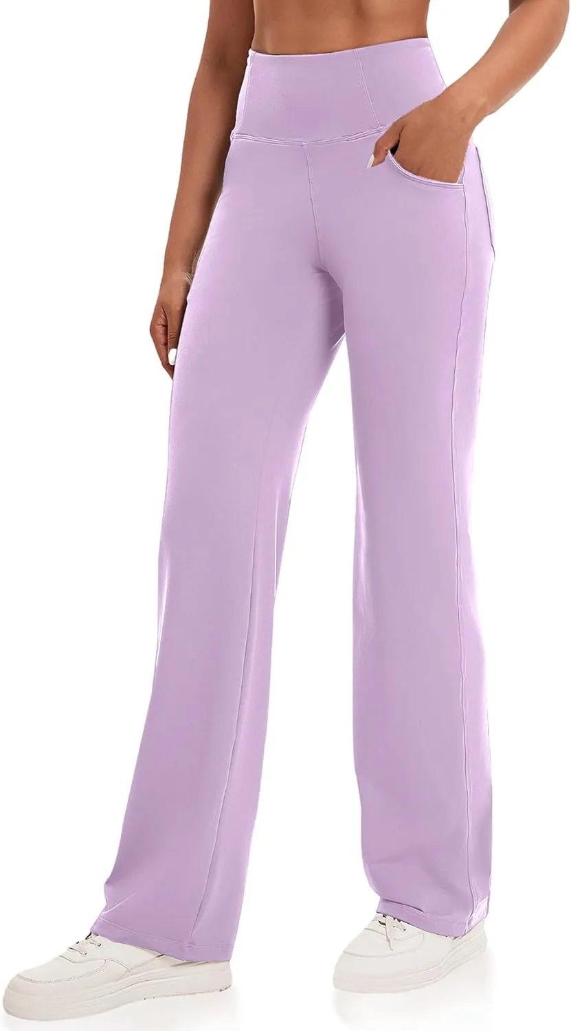 VOOVEEYA Yoga Pants Women with Pockets, Straight Wide Leg Pants High Waisted Work Dress Pants Petite/Regular/Tall