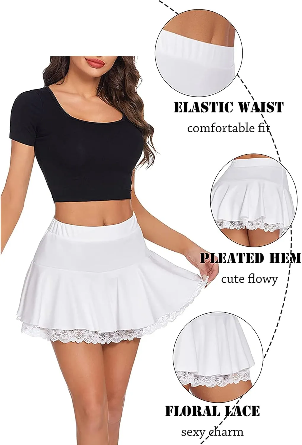 Women Punk Grunge Pleated Mini Skirt A-Shaped Flared Outline Elegant Lace Ruffles Elastic Waistband Short Skirt