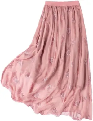Women Silk Embroidery Skirt Solid Elastic Waist Silk Casual A-Line Midi Skirts