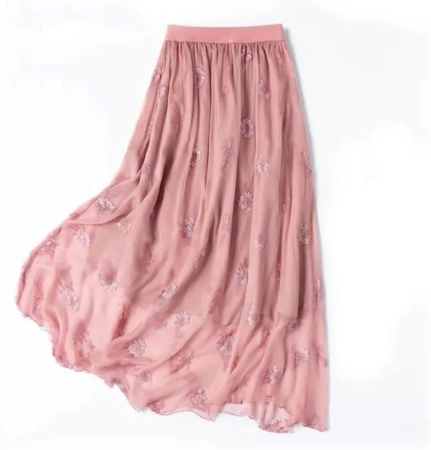 Women Silk Embroidery Skirt Solid Elastic Waist Silk Casual A-Line Midi Skirts