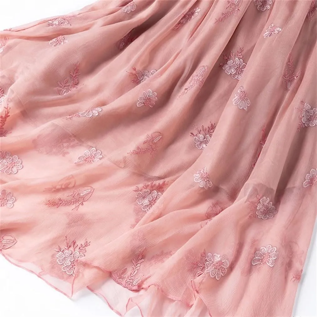 Women Silk Embroidery Skirt Solid Elastic Waist Silk Casual A-Line Midi Skirts