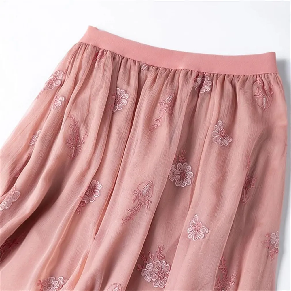 Women Silk Embroidery Skirt Solid Elastic Waist Silk Casual A-Line Midi Skirts