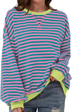 Women Striped Oversized Sweatshirt Long Sleeve Crewneck Casual Hoodies Shirts Fall Pullover Top Y2K Clothes