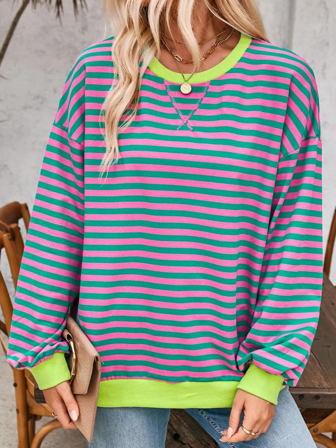 Women Striped Oversized Sweatshirt Long Sleeve Crewneck Casual Hoodies Shirts Fall Pullover Top Y2K Clothes