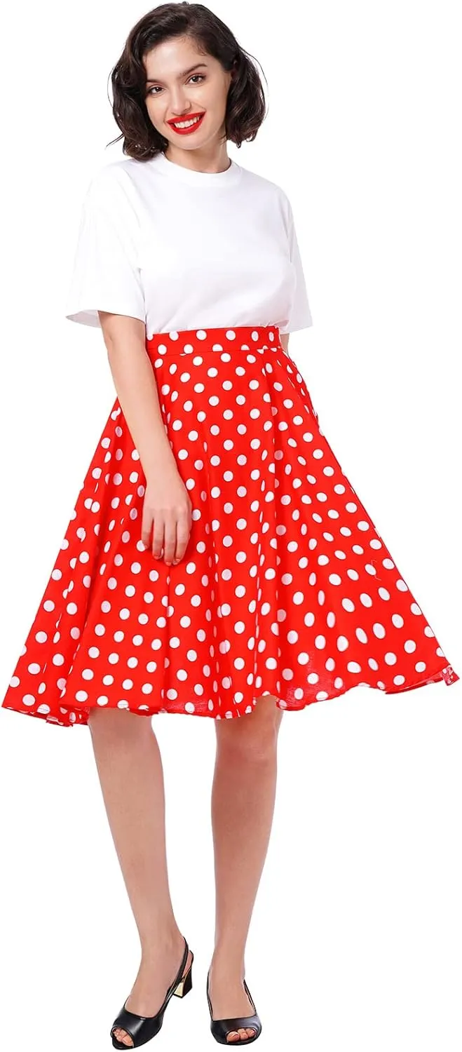 Women Vintage 1950s Pleated Skirts Polka Dots A-line Rockabilly Cocktail Tea Party Swing Dance Swing Midi Skirt