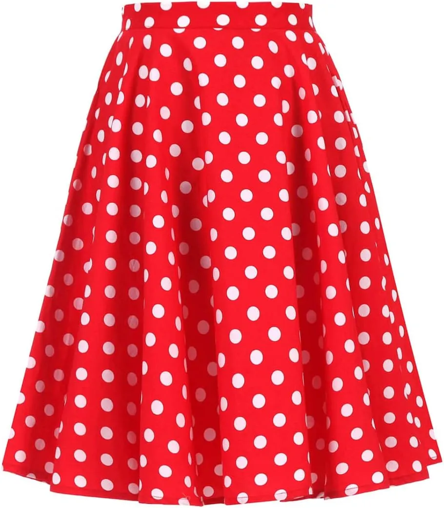 Women Vintage 1950s Pleated Skirts Polka Dots A-line Rockabilly Cocktail Tea Party Swing Dance Swing Midi Skirt