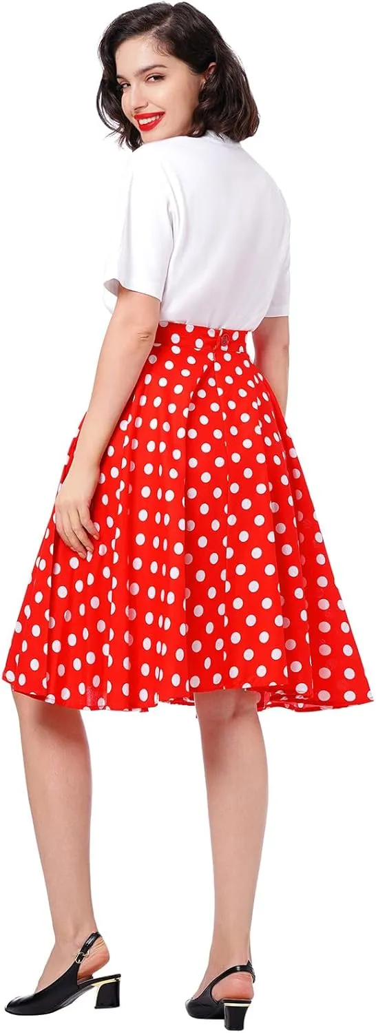 Women Vintage 1950s Pleated Skirts Polka Dots A-line Rockabilly Cocktail Tea Party Swing Dance Swing Midi Skirt