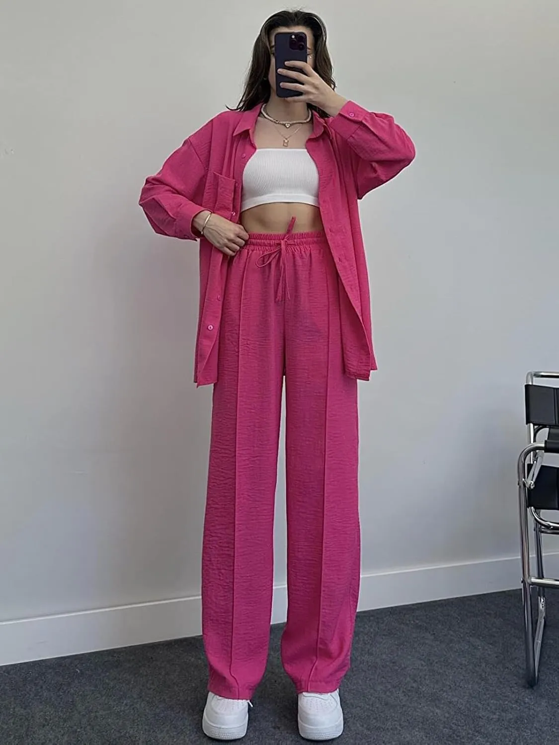 Women's 2 Piece Outfits Button Down Long Sleeve Shirt and Wide Leg Pants Set Trendy Loungewear Vacation Sets