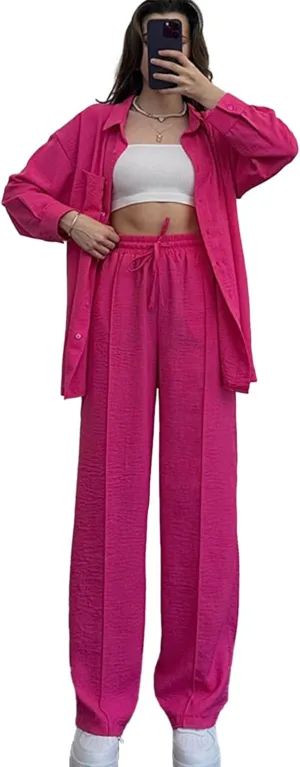 Women's 2 Piece Outfits Button Down Long Sleeve Shirt and Wide Leg Pants Set Trendy Loungewear Vacation Sets