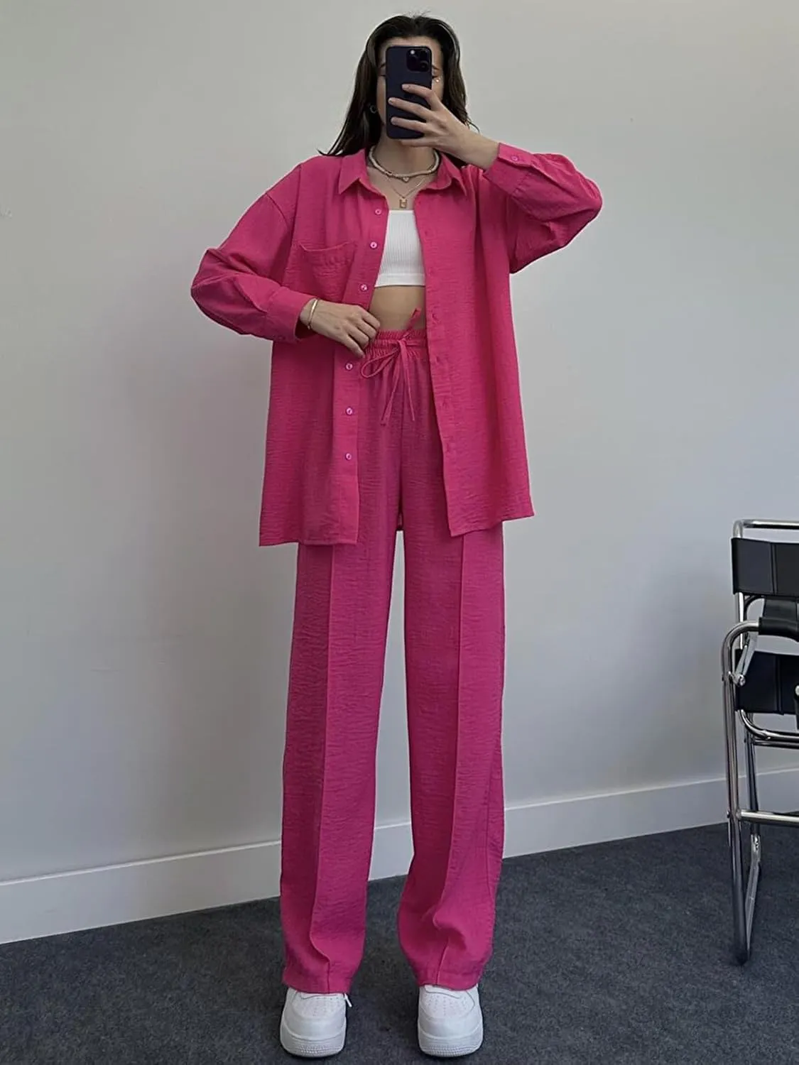 Women's 2 Piece Outfits Button Down Long Sleeve Shirt and Wide Leg Pants Set Trendy Loungewear Vacation Sets