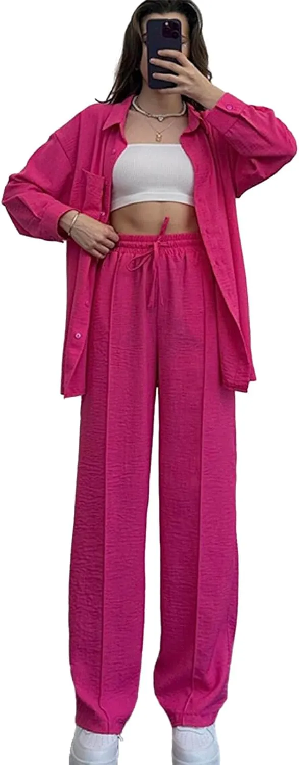 Women's 2 Piece Outfits Button Down Long Sleeve Shirt and Wide Leg Pants Set Trendy Loungewear Vacation Sets