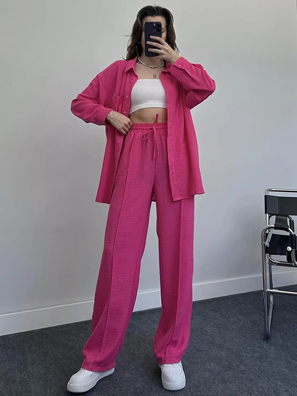 Women's 2 Piece Outfits Button Down Long Sleeve Shirt and Wide Leg Pants Set Trendy Loungewear Vacation Sets