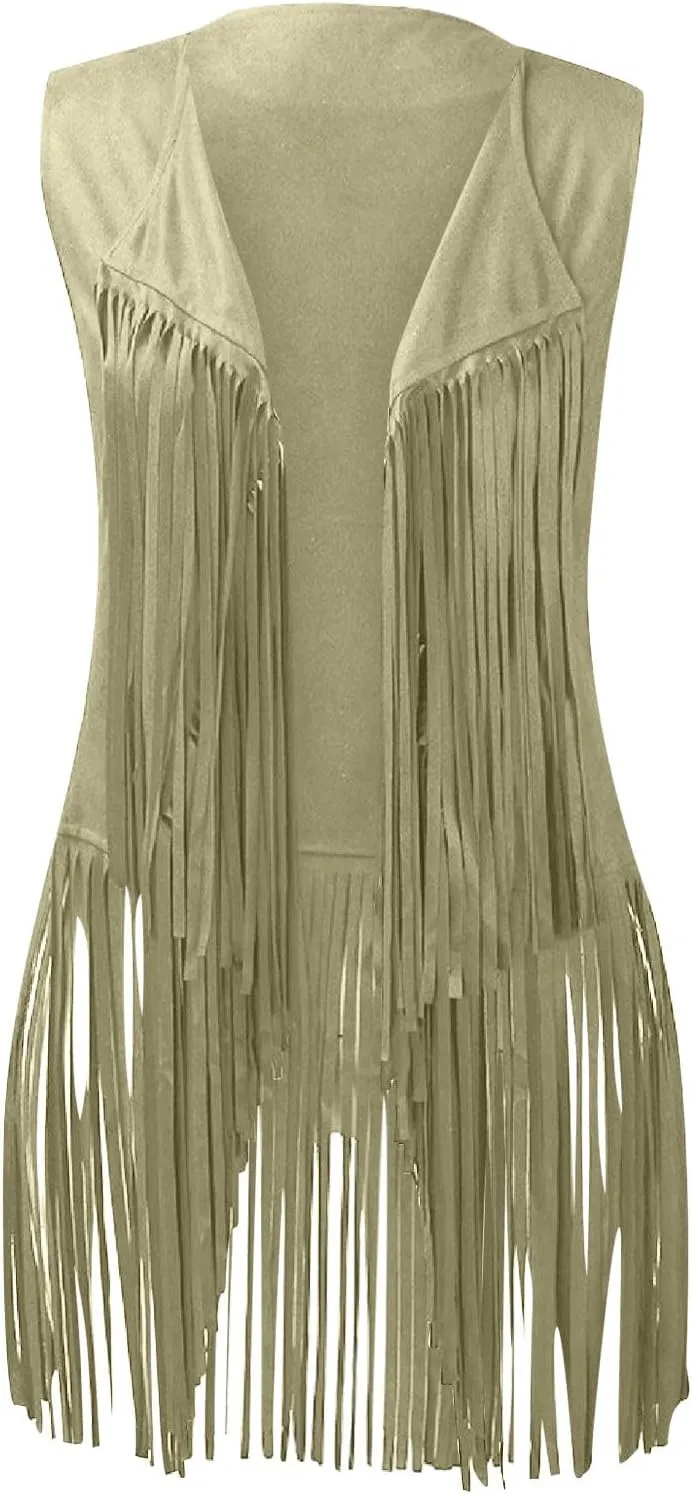 Womens Concert Outfits Fringe Vest Faux Suede Tassels Open Front Sleeveless Jacket 70s Cowgirls Western Hippie Clothes