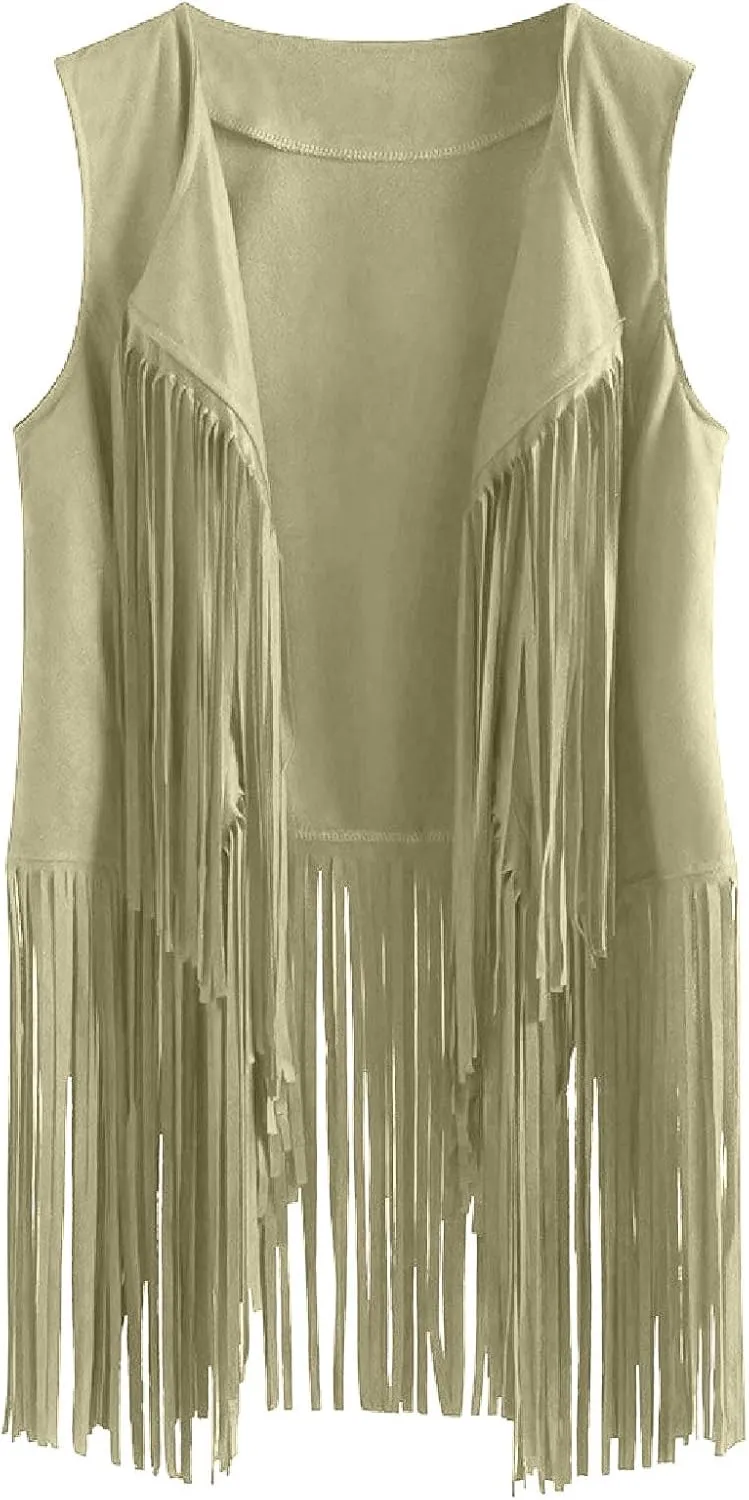 Womens Concert Outfits Fringe Vest Faux Suede Tassels Open Front Sleeveless Jacket 70s Cowgirls Western Hippie Clothes