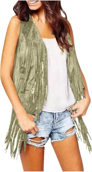 Womens Concert Outfits Fringe Vest Faux Suede Tassels Open Front Sleeveless Jacket 70s Cowgirls Western Hippie Clothes