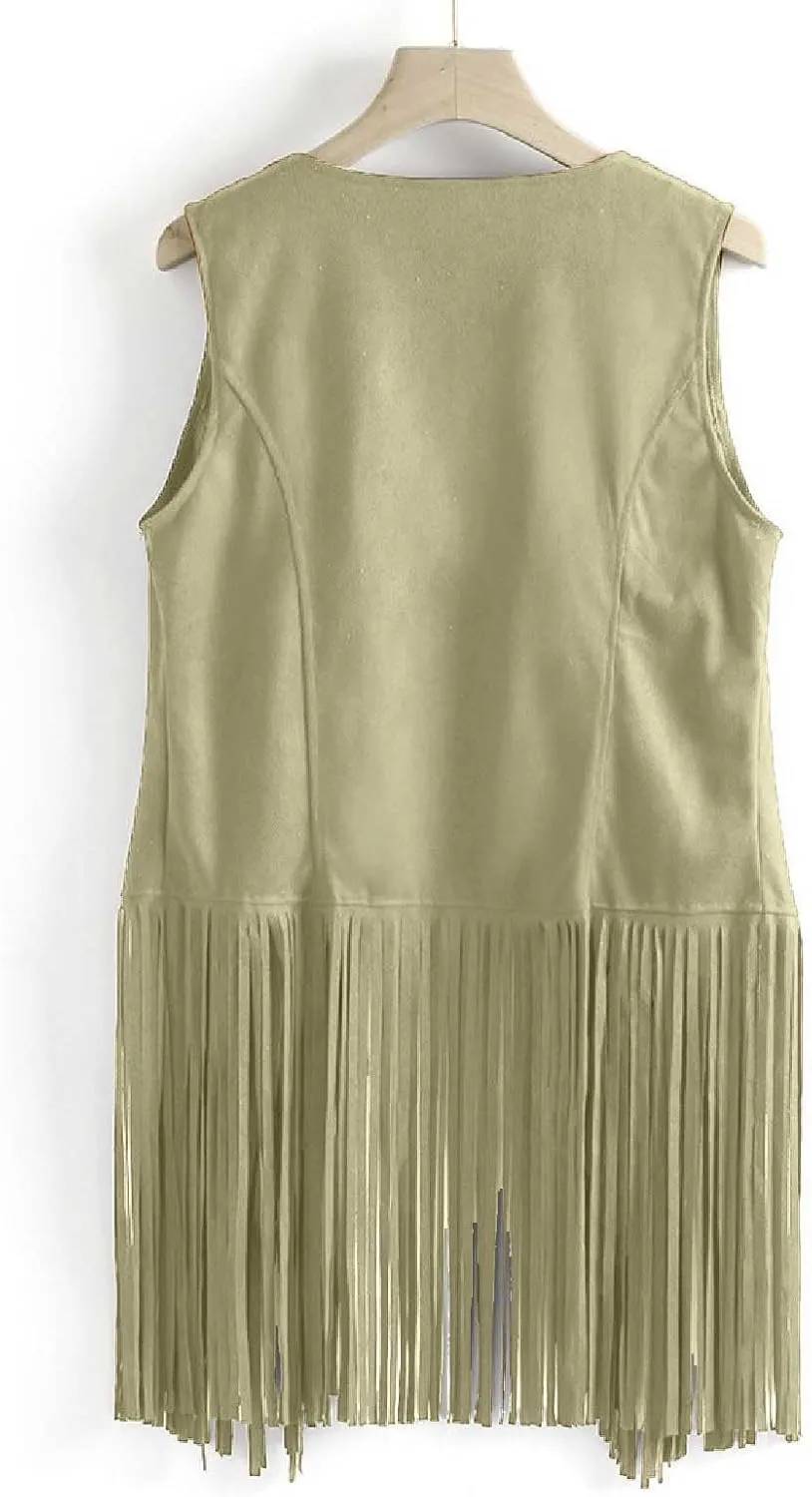 Womens Concert Outfits Fringe Vest Faux Suede Tassels Open Front Sleeveless Jacket 70s Cowgirls Western Hippie Clothes