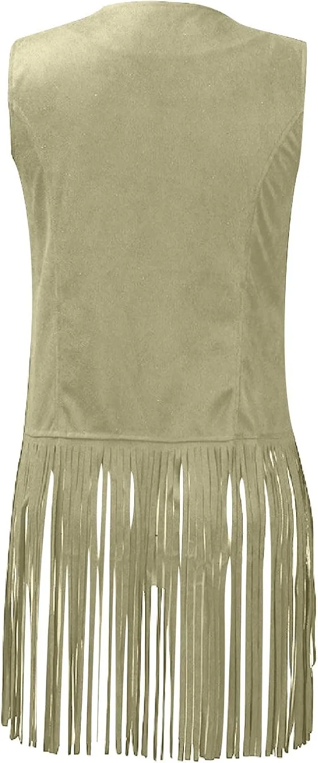 Womens Concert Outfits Fringe Vest Faux Suede Tassels Open Front Sleeveless Jacket 70s Cowgirls Western Hippie Clothes
