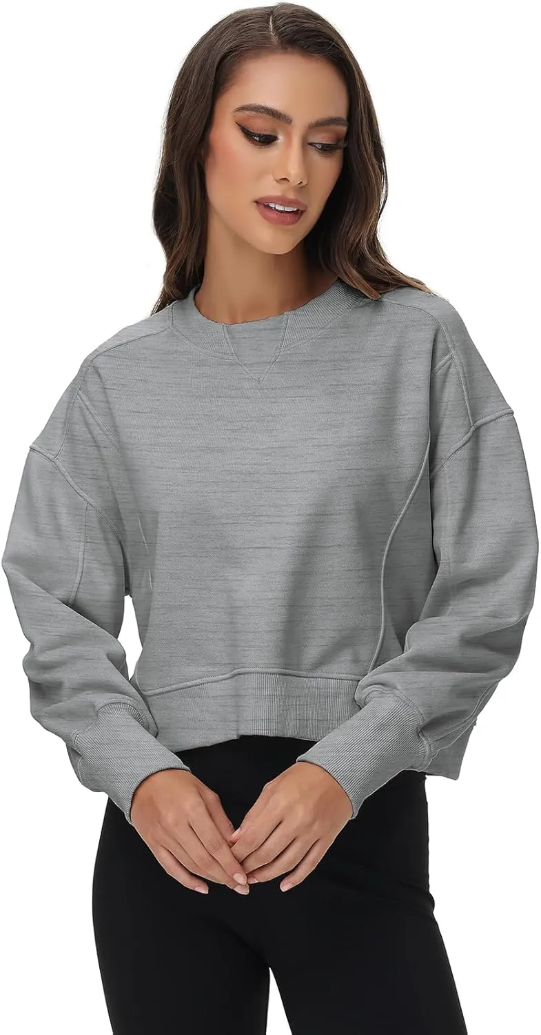 Women's Cropped Crewneck Sweatshirts Long Sleeve Oversized Sweatshirt Pullover Fall Crop Top Outfits