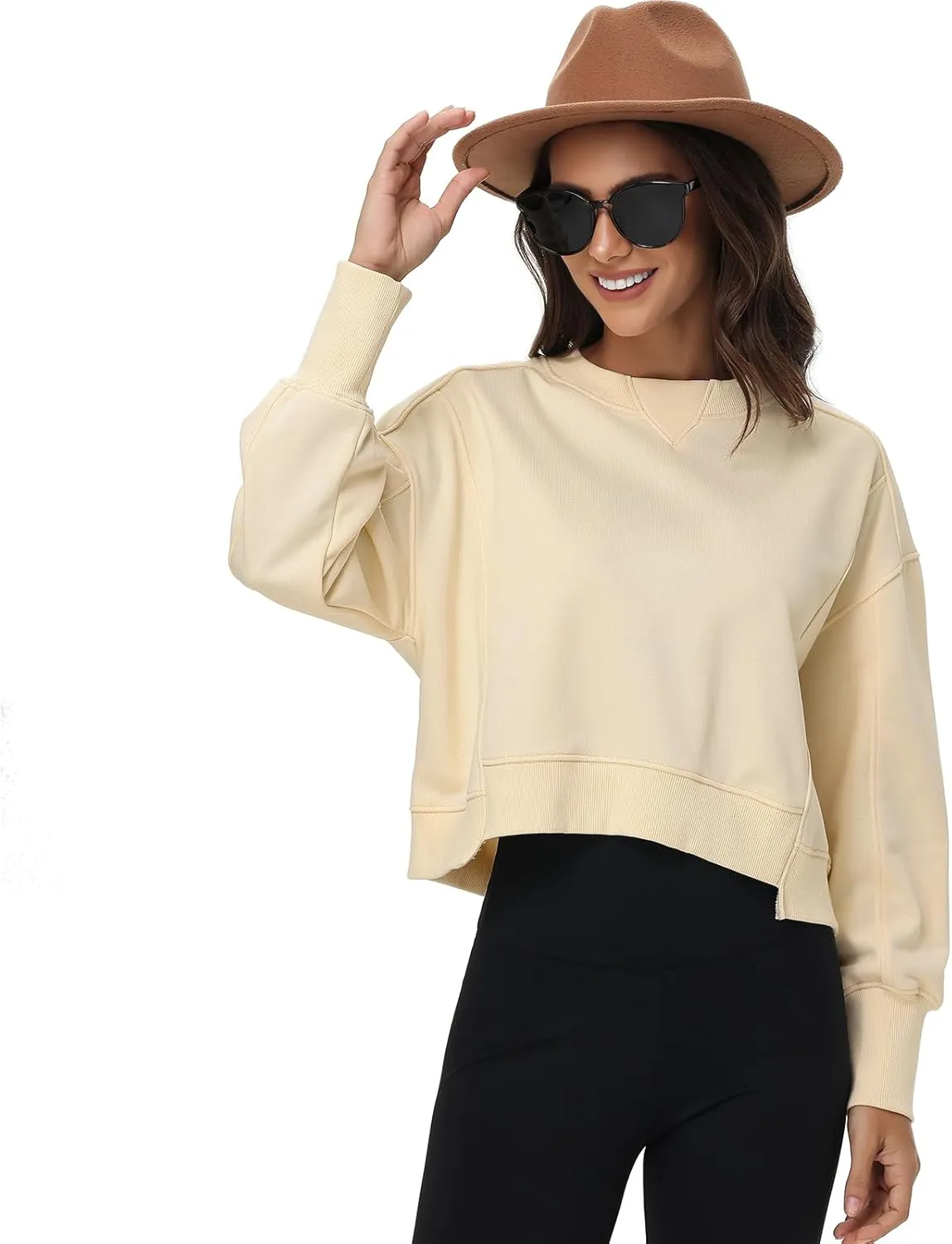 Women's Cropped Crewneck Sweatshirts Long Sleeve Oversized Sweatshirt Pullover Fall Crop Top Outfits