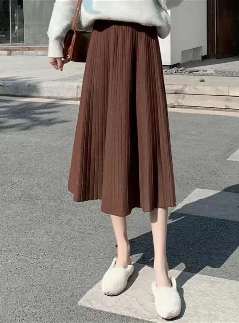 Women's Elegant Knitted Midi Skirts Elastic High Waist Solid Pleated Skirt Basic Office Casual A Line Skirt
