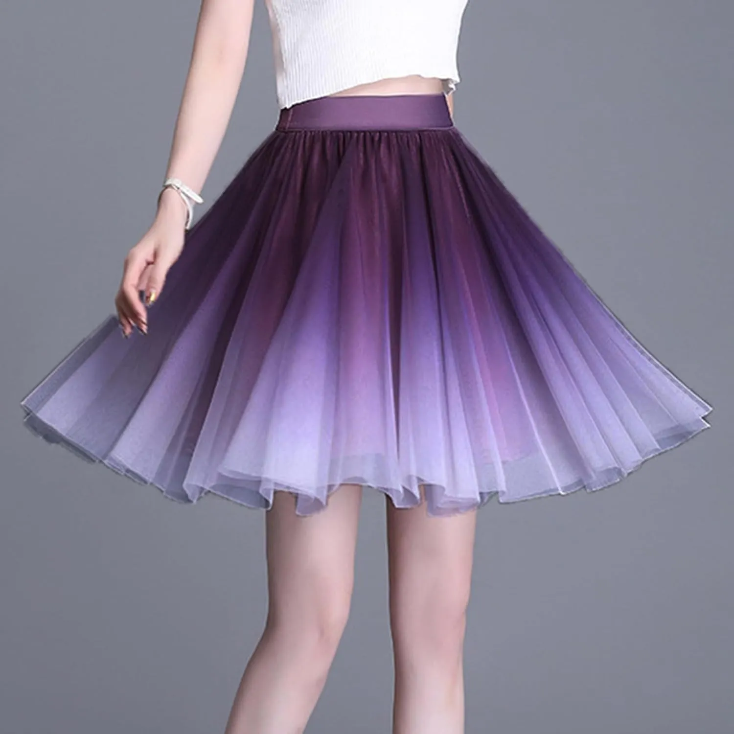 Womens Gradient Tulle Midi Skirt High Waist Pleated A-line Skirt with Lining for Summer Party Weddings Casual Outings