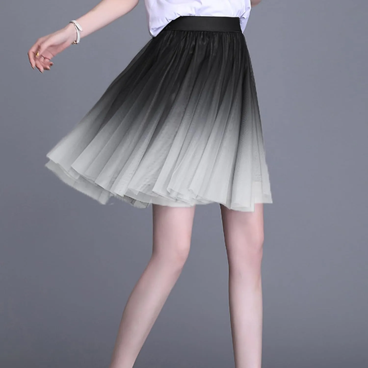 Womens Gradient Tulle Midi Skirt High Waist Pleated A-line Skirt with Lining for Summer Party Weddings Casual Outings