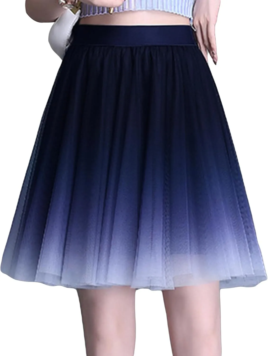 Womens Gradient Tulle Midi Skirt High Waist Pleated A-line Skirt with Lining for Summer Party Weddings Casual Outings