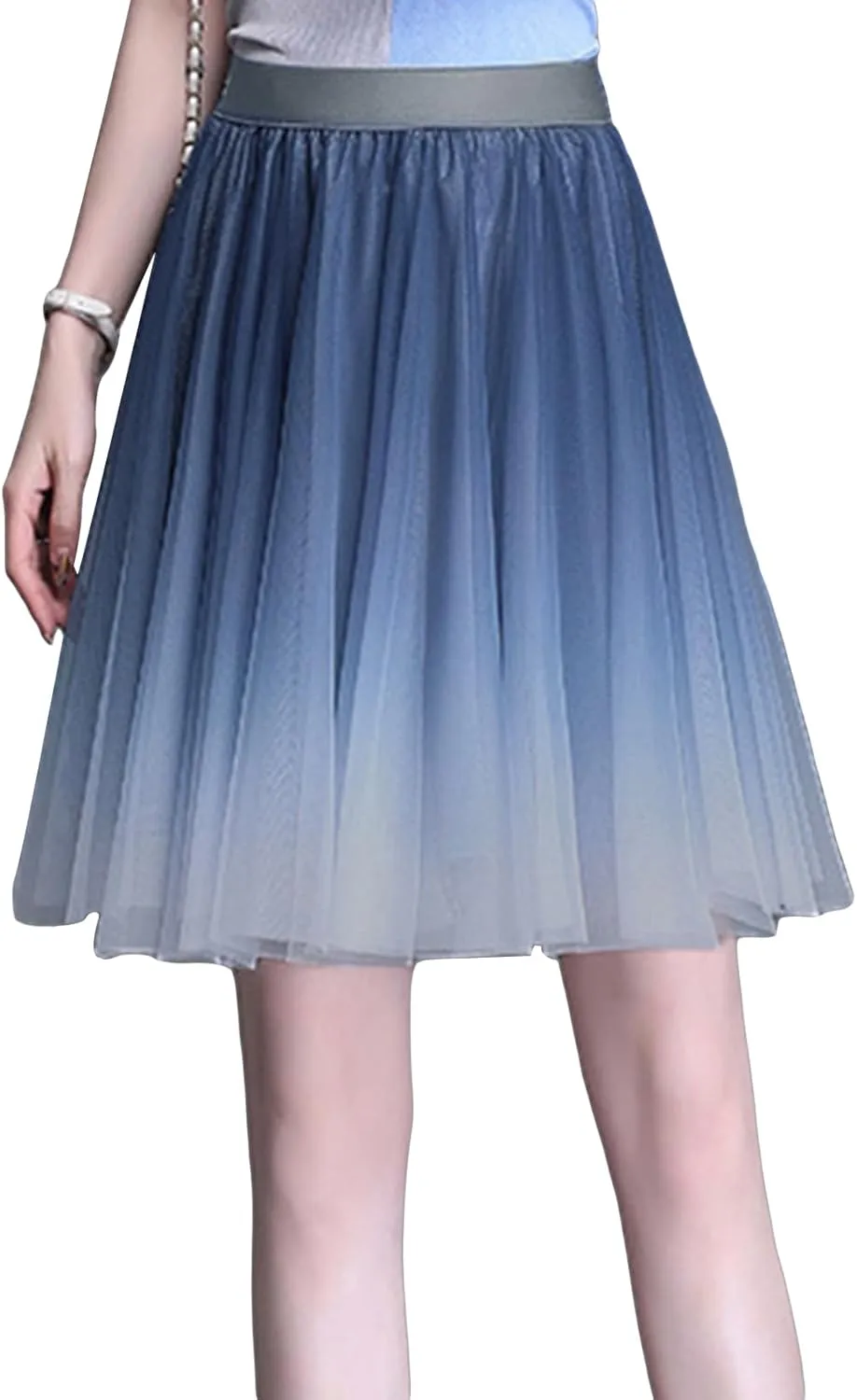 Womens Gradient Tulle Midi Skirt High Waist Pleated A-line Skirt with Lining for Summer Party Weddings Casual Outings
