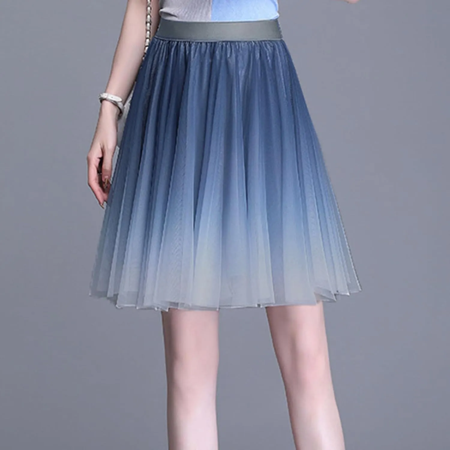 Womens Gradient Tulle Midi Skirt High Waist Pleated A-line Skirt with Lining for Summer Party Weddings Casual Outings