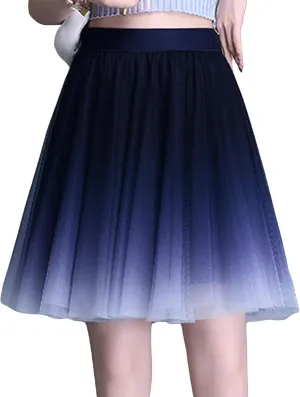 Womens Gradient Tulle Midi Skirt High Waist Pleated A-line Skirt with Lining for Summer Party Weddings Casual Outings