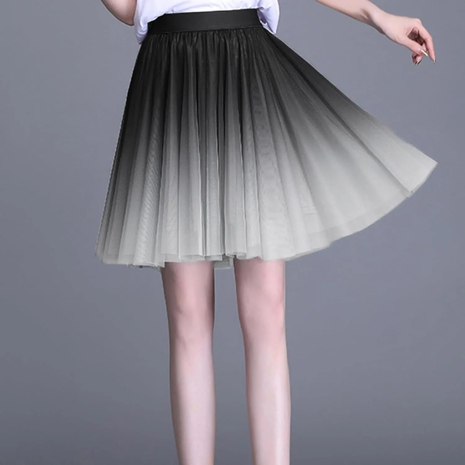Womens Gradient Tulle Midi Skirt High Waist Pleated A-line Skirt with Lining for Summer Party Weddings Casual Outings