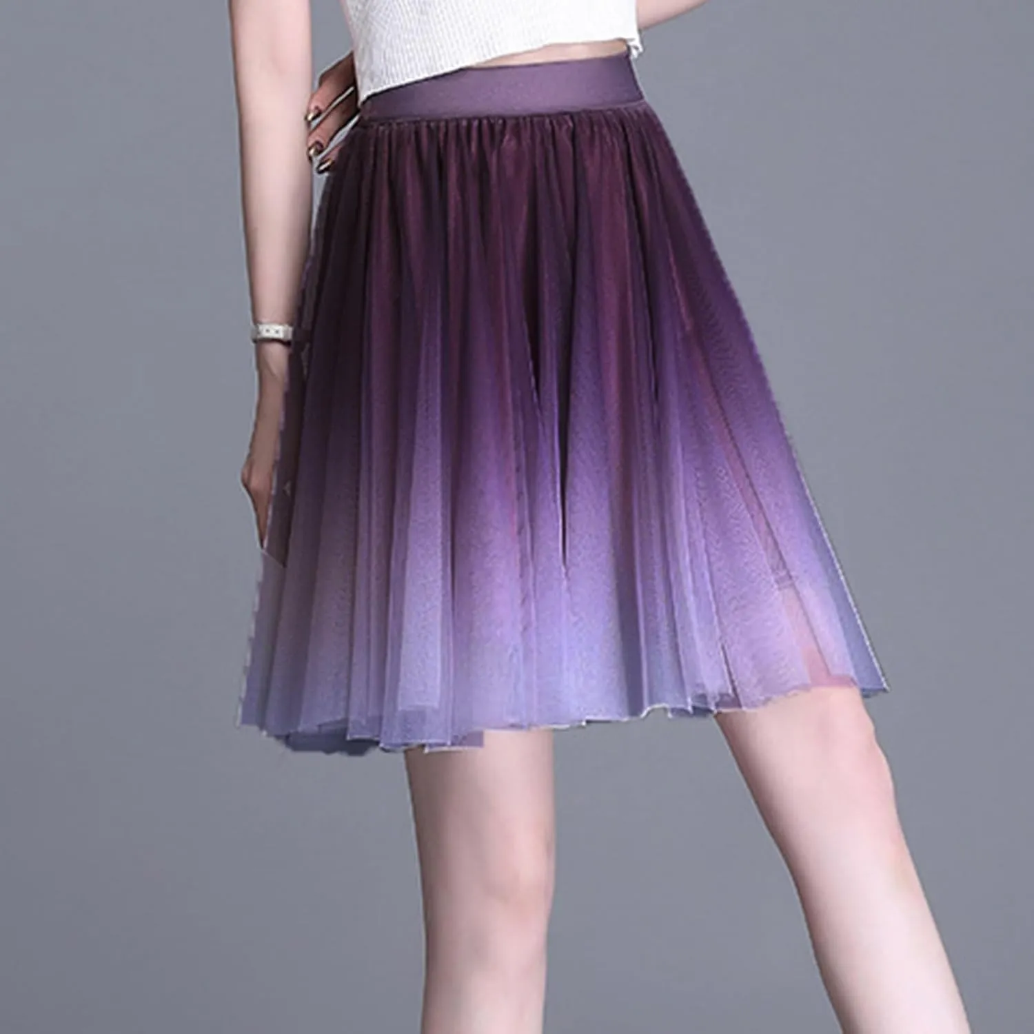 Womens Gradient Tulle Midi Skirt High Waist Pleated A-line Skirt with Lining for Summer Party Weddings Casual Outings