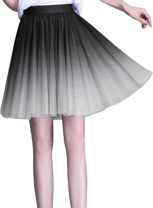 Womens Gradient Tulle Midi Skirt High Waist Pleated A-line Skirt with Lining for Summer Party Weddings Casual Outings